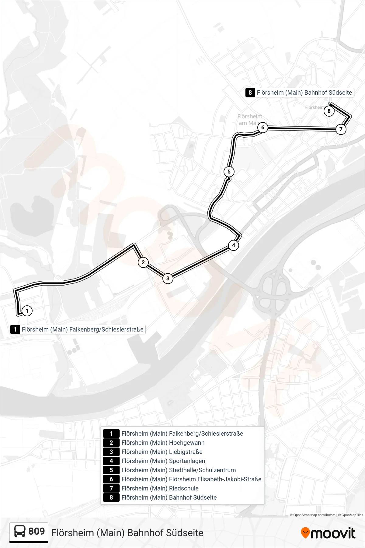Linie 809 (Bus) Richtung Flörsheim (Main) Bahnhof Südseite: Route und Haltestellen auf der Karte