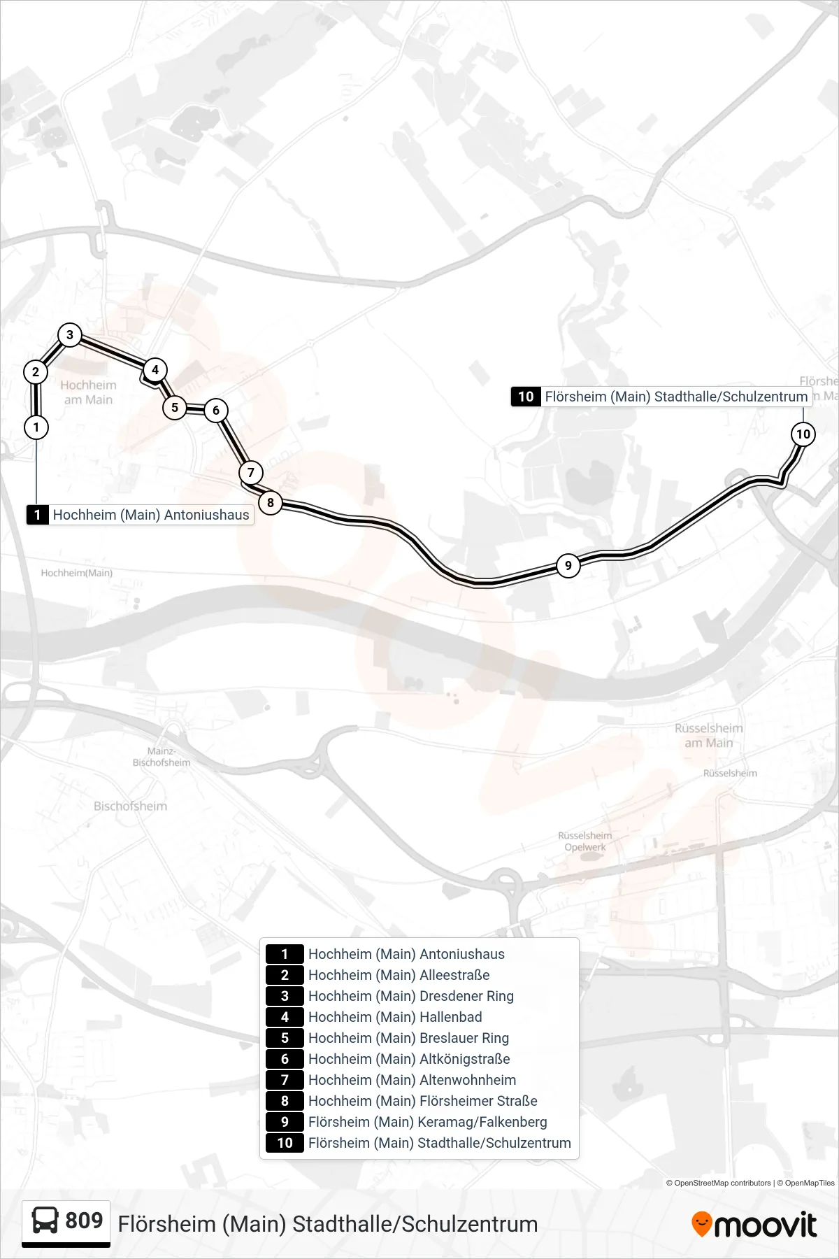 809 bus Line (Flörsheim (Main) Stadthalle/Schulzentrum) route and stops on a map