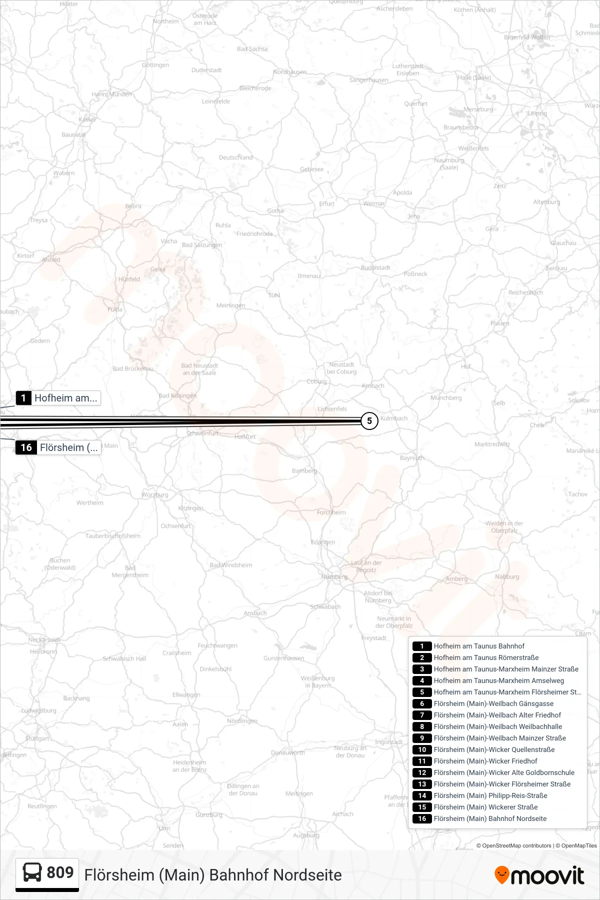 809 bus Line (Flörsheim (Main) Bahnhof Nordseite) route and stops on a map