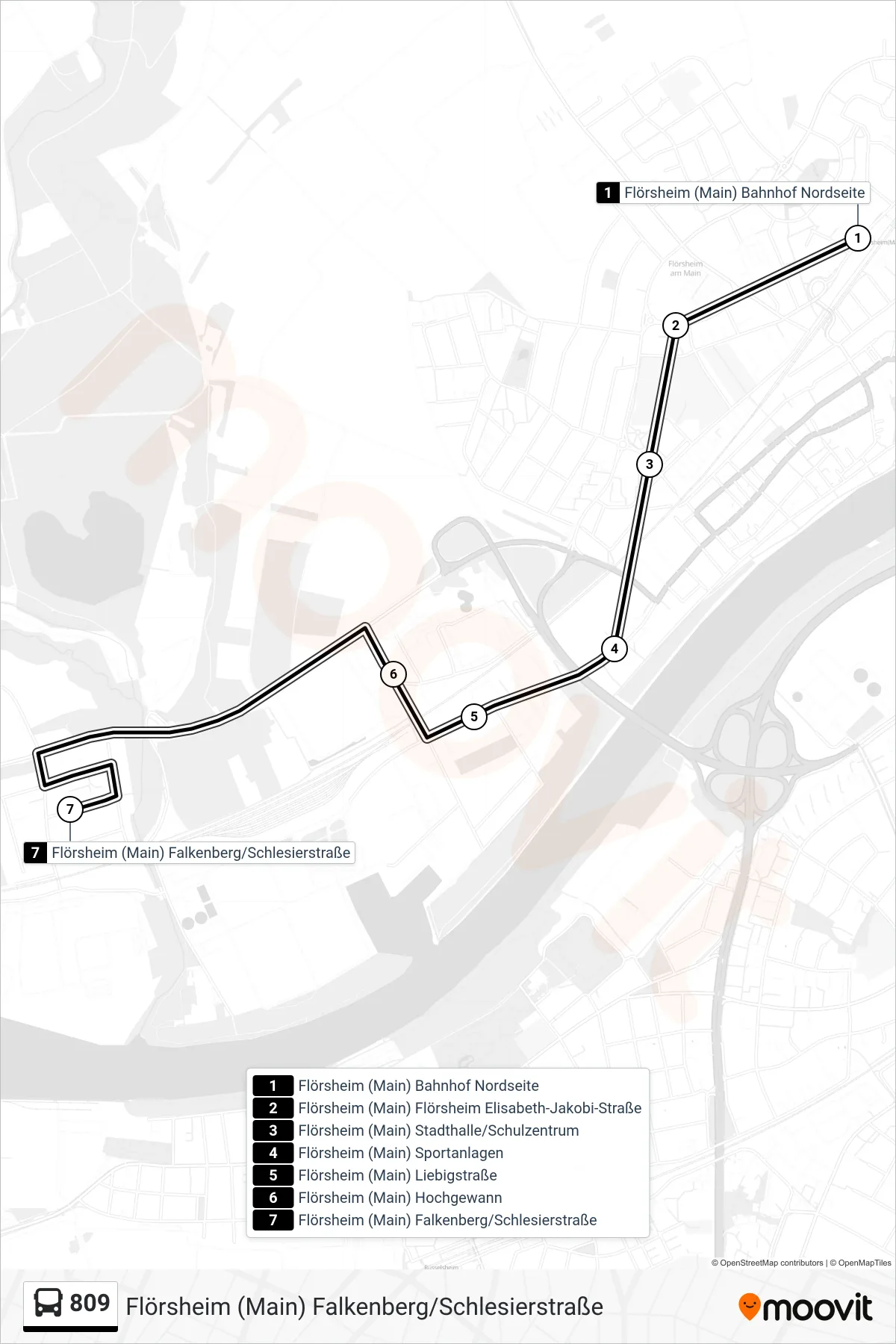 809 bus Line (Flörsheim (Main) Falkenberg/Schlesierstraße) route and stops on a map