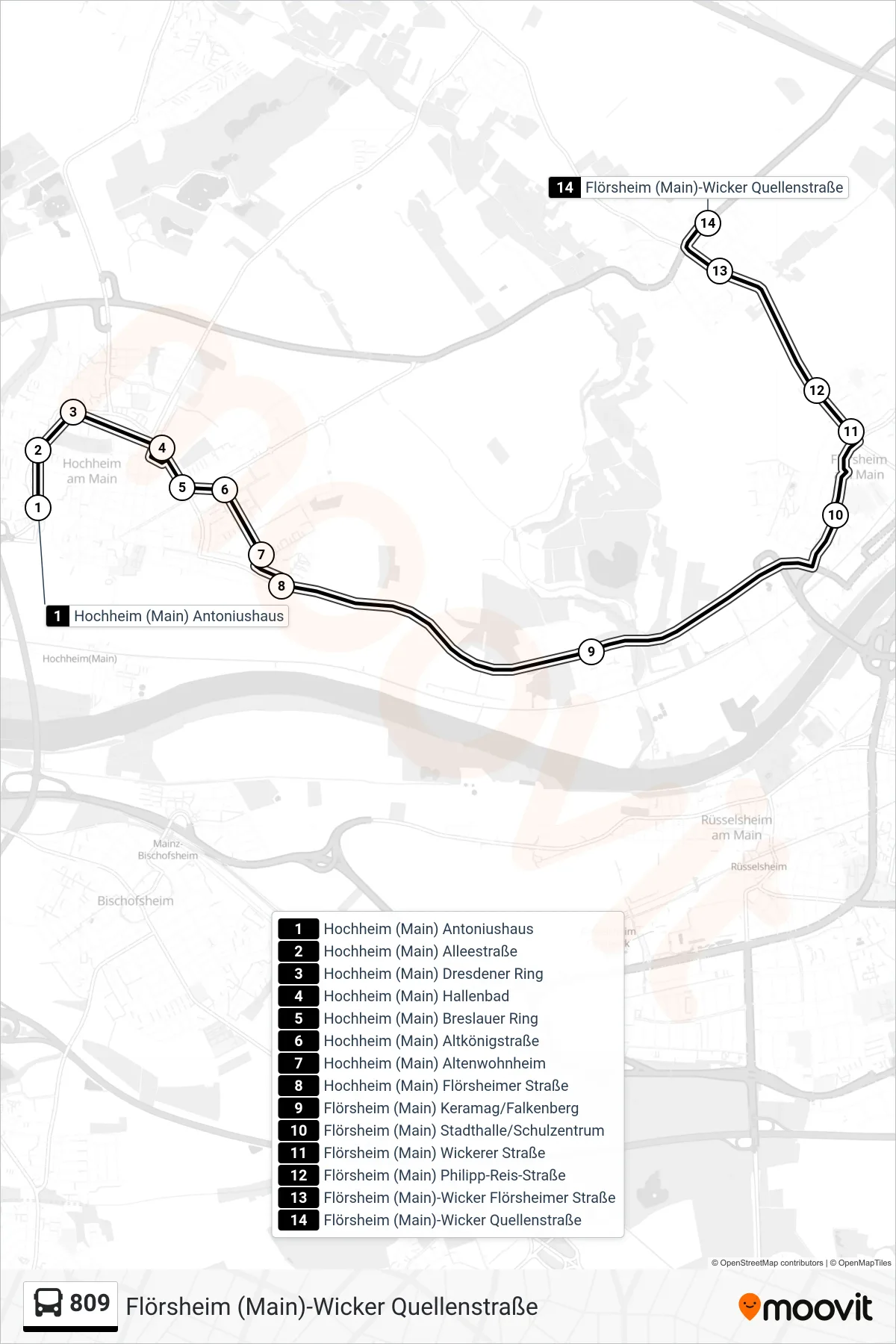 809 bus Line (Flörsheim (Main)-Wicker Quellenstraße) route and stops on a map