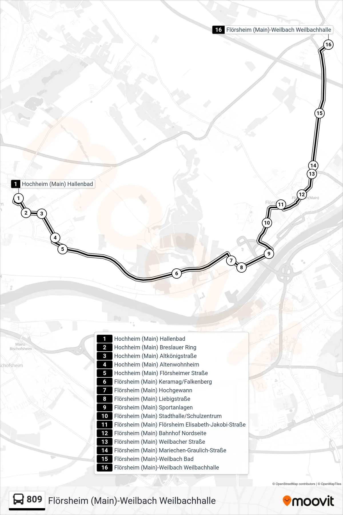 809 bus Line (Flörsheim (Main)-Weilbach Weilbachhalle) route and stops on a map