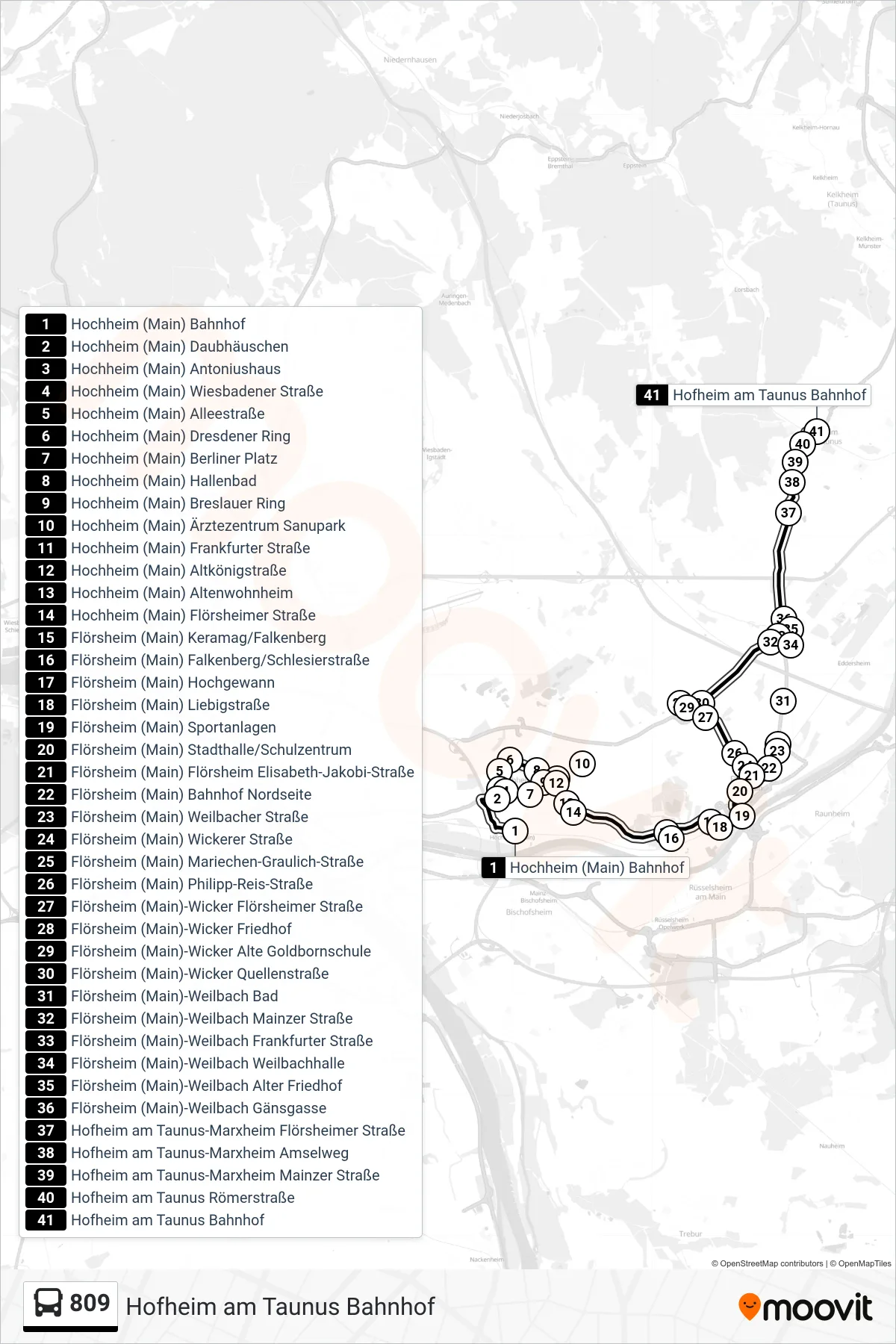809 bus Line (Hofheim am Taunus Bahnhof) route and stops on a map