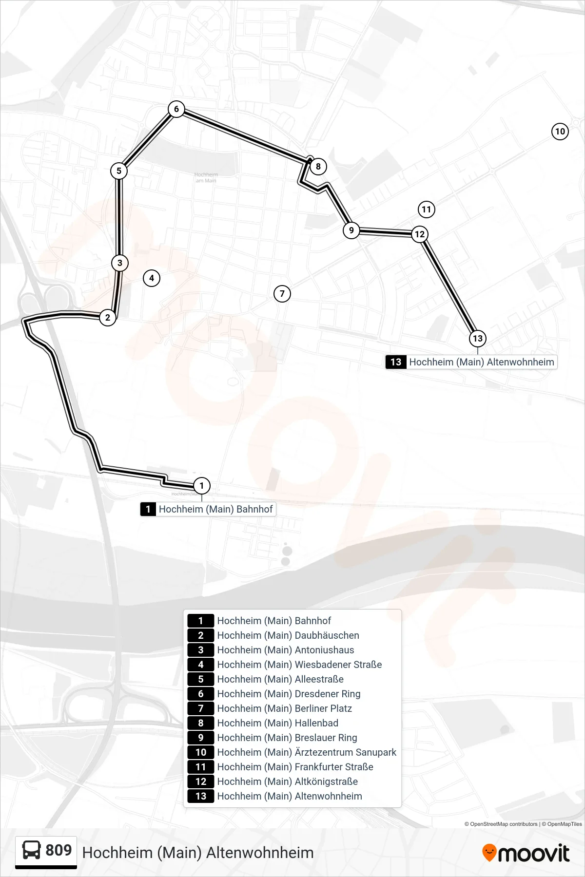Linie 809 (Bus) Richtung Hochheim (Main) Altenwohnheim: Route und Haltestellen auf der Karte