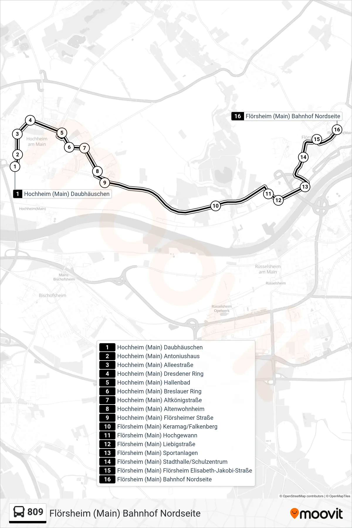 809 bus Line (Flörsheim (Main) Bahnhof Nordseite) route and stops on a map