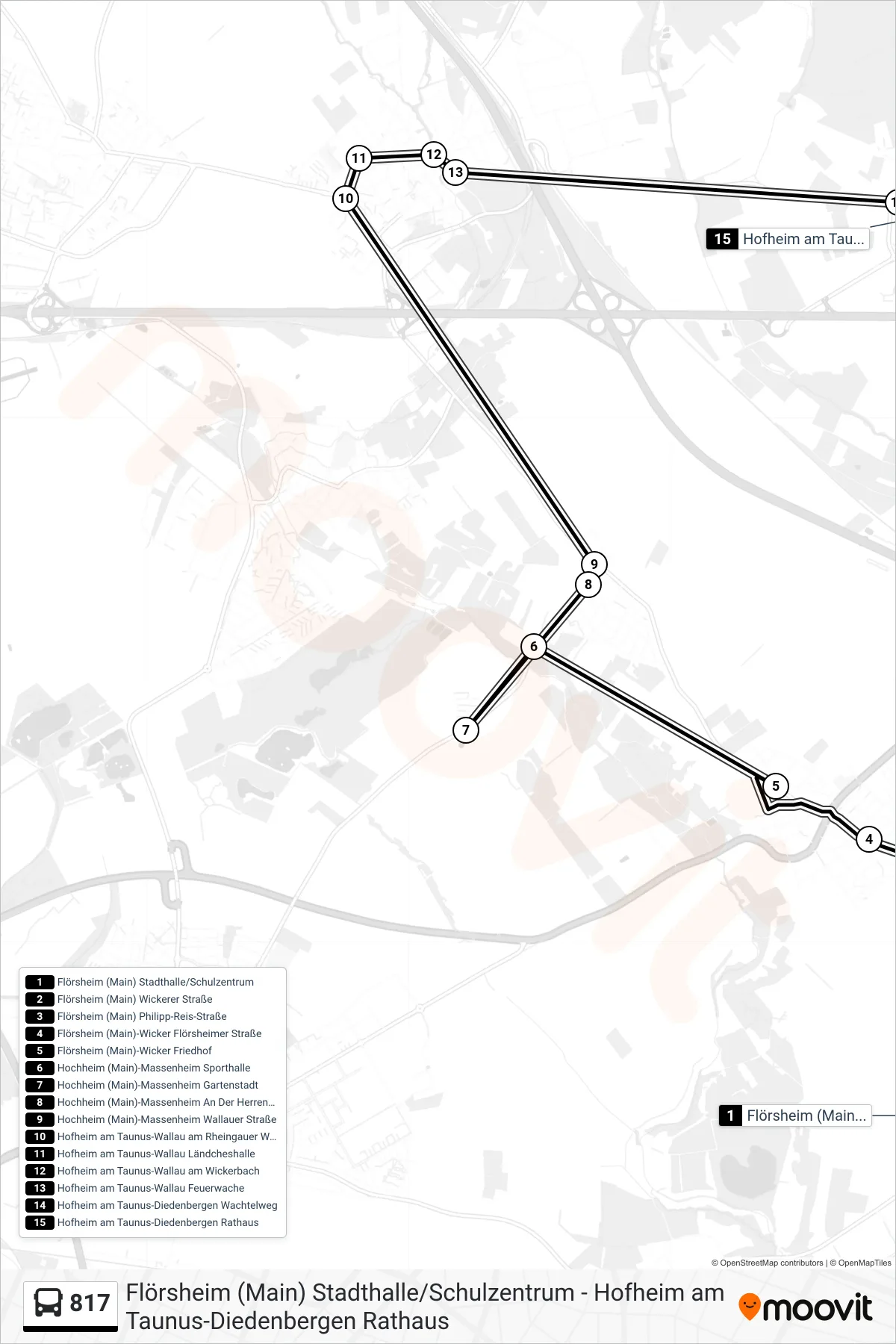 Linie 817 (Bus) Richtung Hofheim am Taunus-Diedenbergen Rathaus: Route und Haltestellen auf der Karte