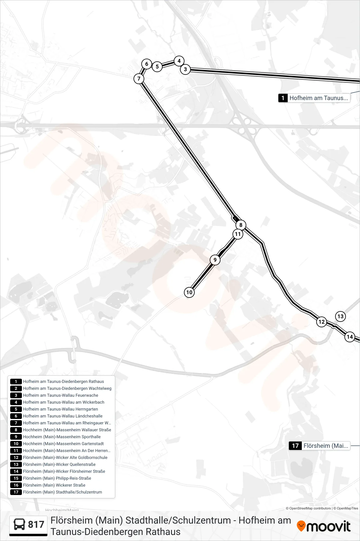 817 bus Line (Flörsheim (Main) Stadthalle/Schulzentrum) route and stops on a map