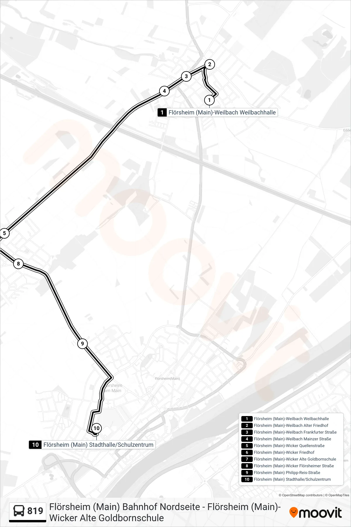Linie 819 (Bus) Richtung Flörsheim (Main) Stadthalle/Schulzentrum: Route und Haltestellen auf der Karte