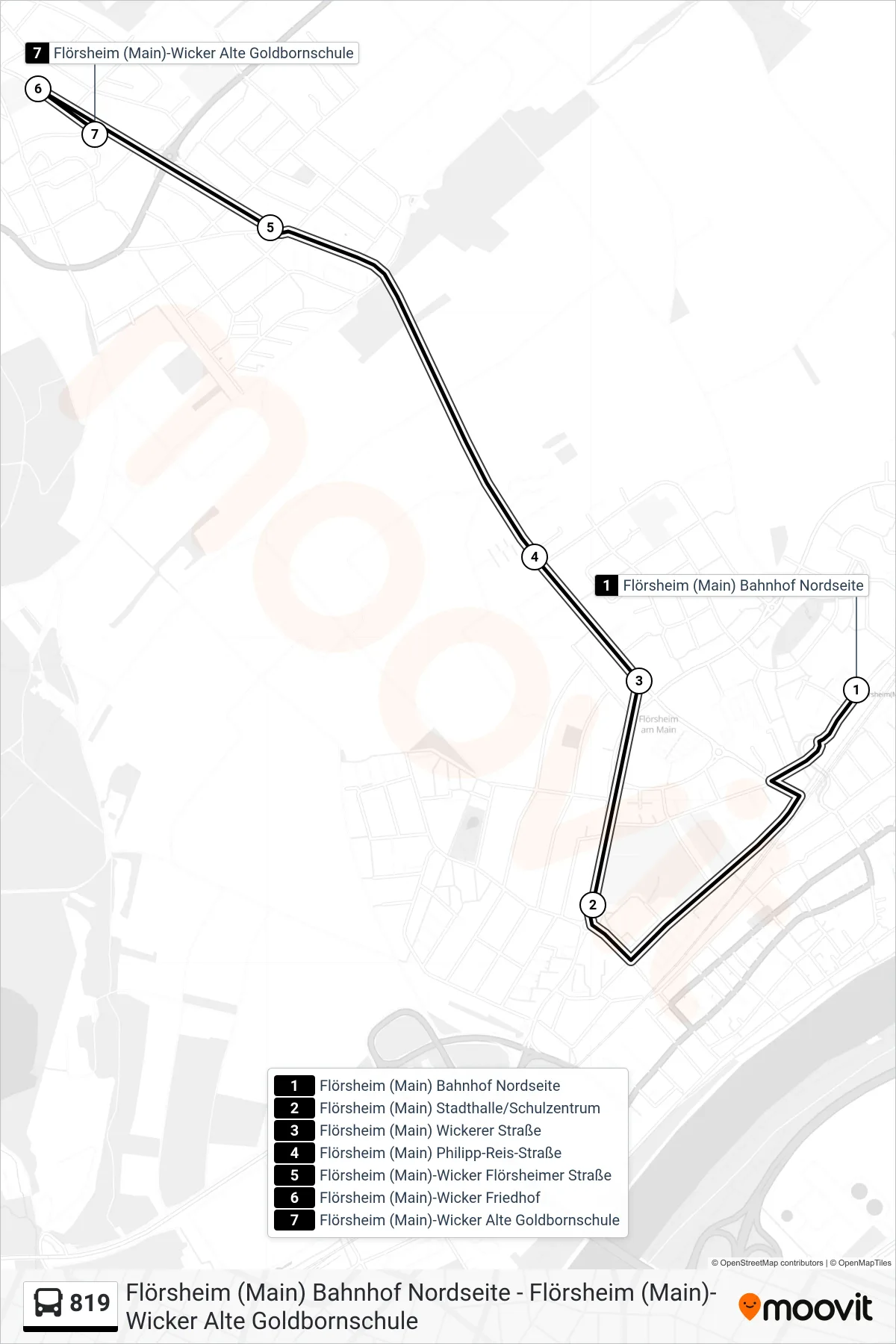 819 bus Line (Flörsheim (Main)-Wicker Alte Goldbornschule) route and stops on a map