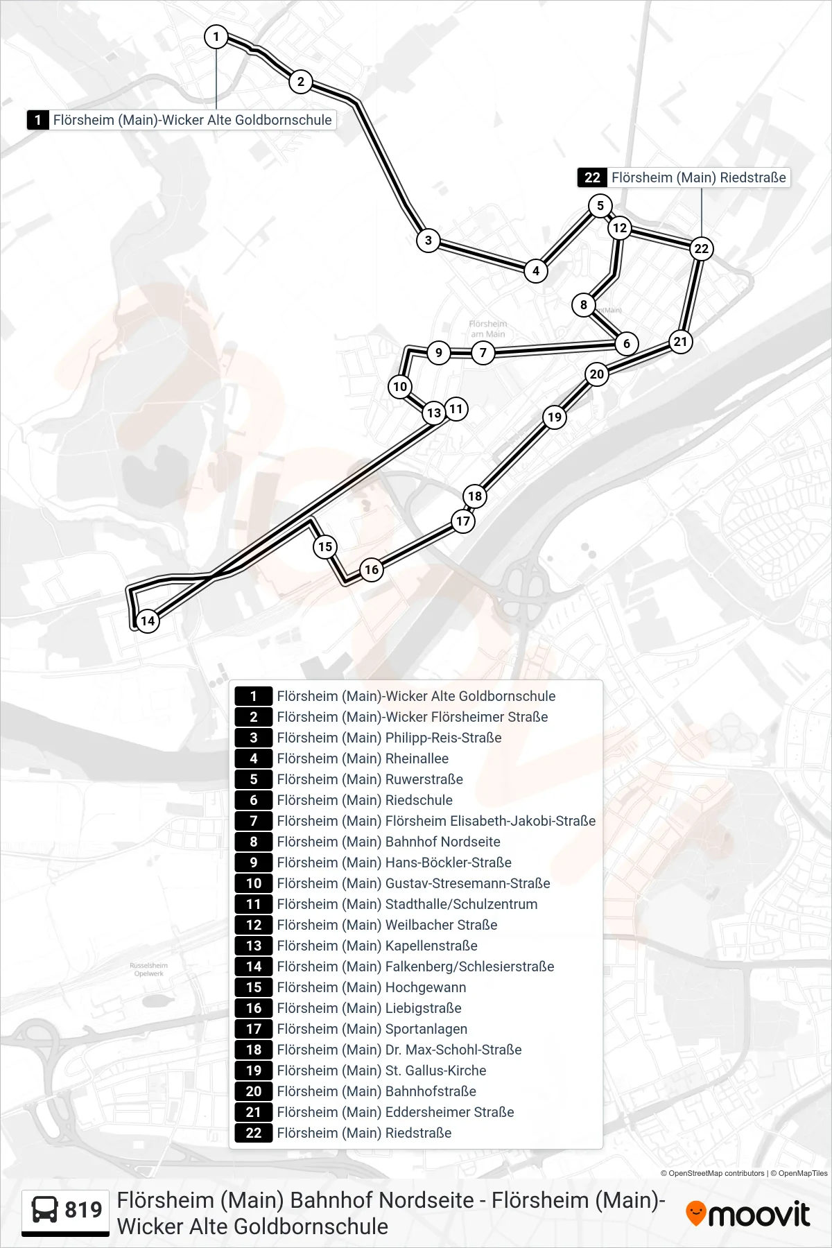 819 bus Line (Flörsheim (Main) Bahnhof Nordseite) route and stops on a map
