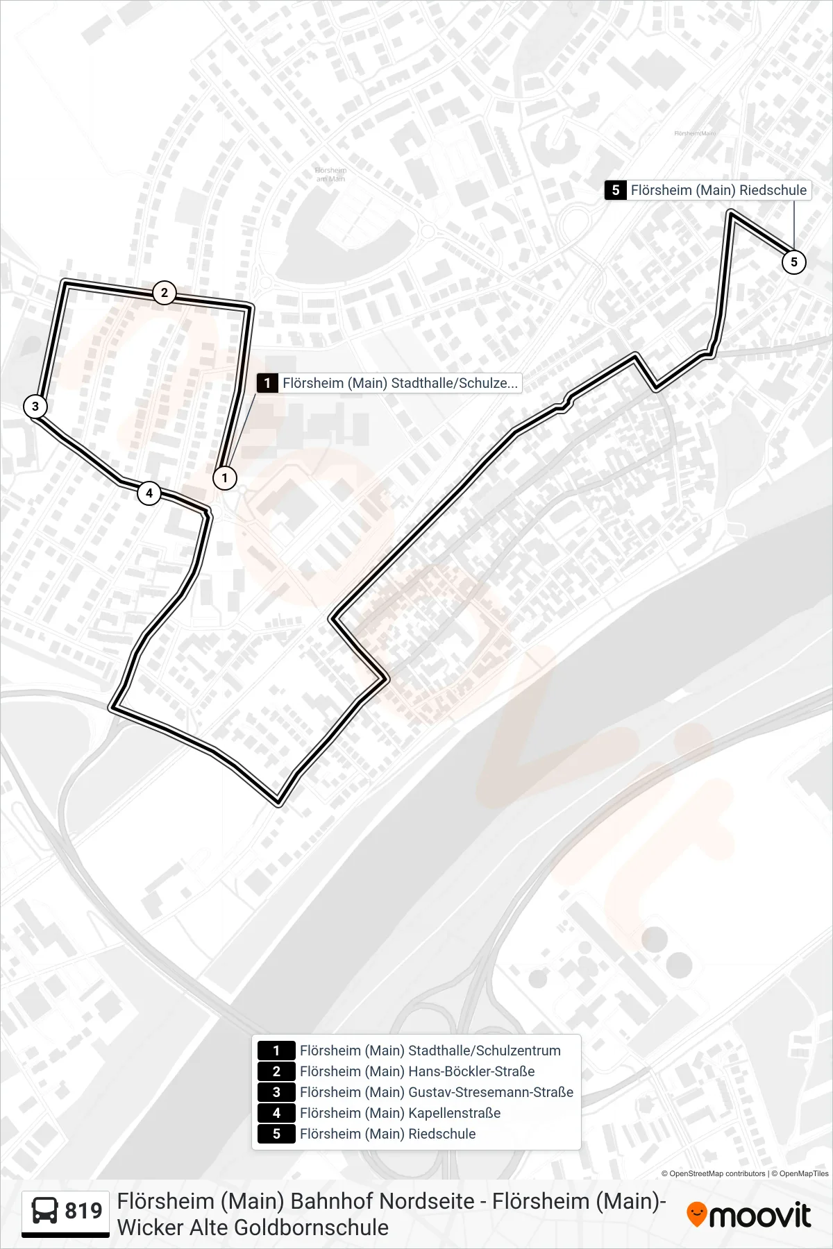 819 bus Line (Flörsheim (Main) Riedschule) route and stops on a map