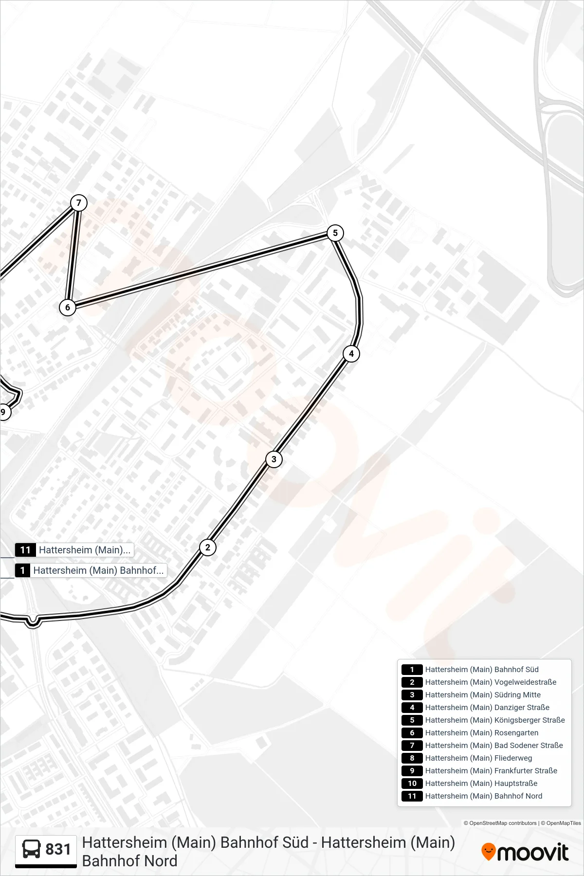 831 bus Line (Hattersheim (Main) Bahnhof Nord) route and stops on a map