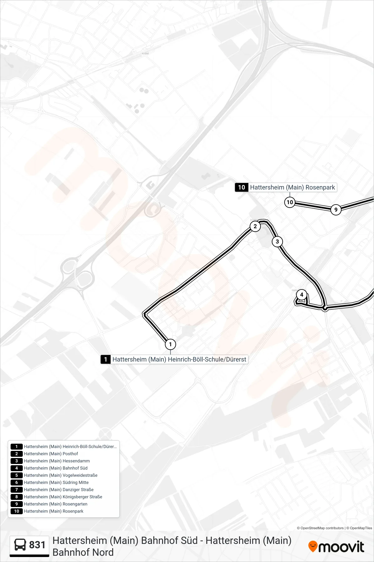 831 bus Line (Hattersheim (Main) Rosenpark) route and stops on a map