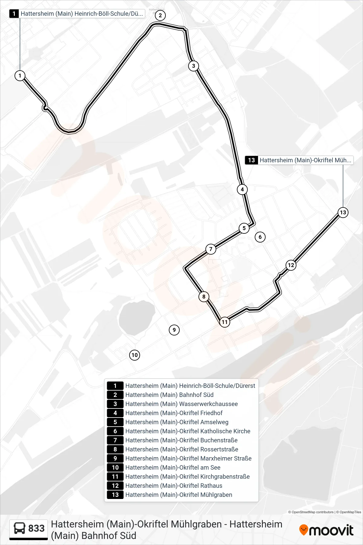 Linie 833 (Bus) Richtung Hattersheim (Main)-Okriftel Mühlgraben: Route und Haltestellen auf der Karte