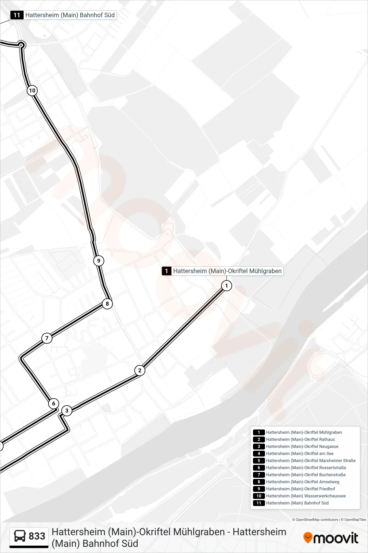 833 bus Line (Hattersheim (Main) Bahnhof Süd) route and stops on a map