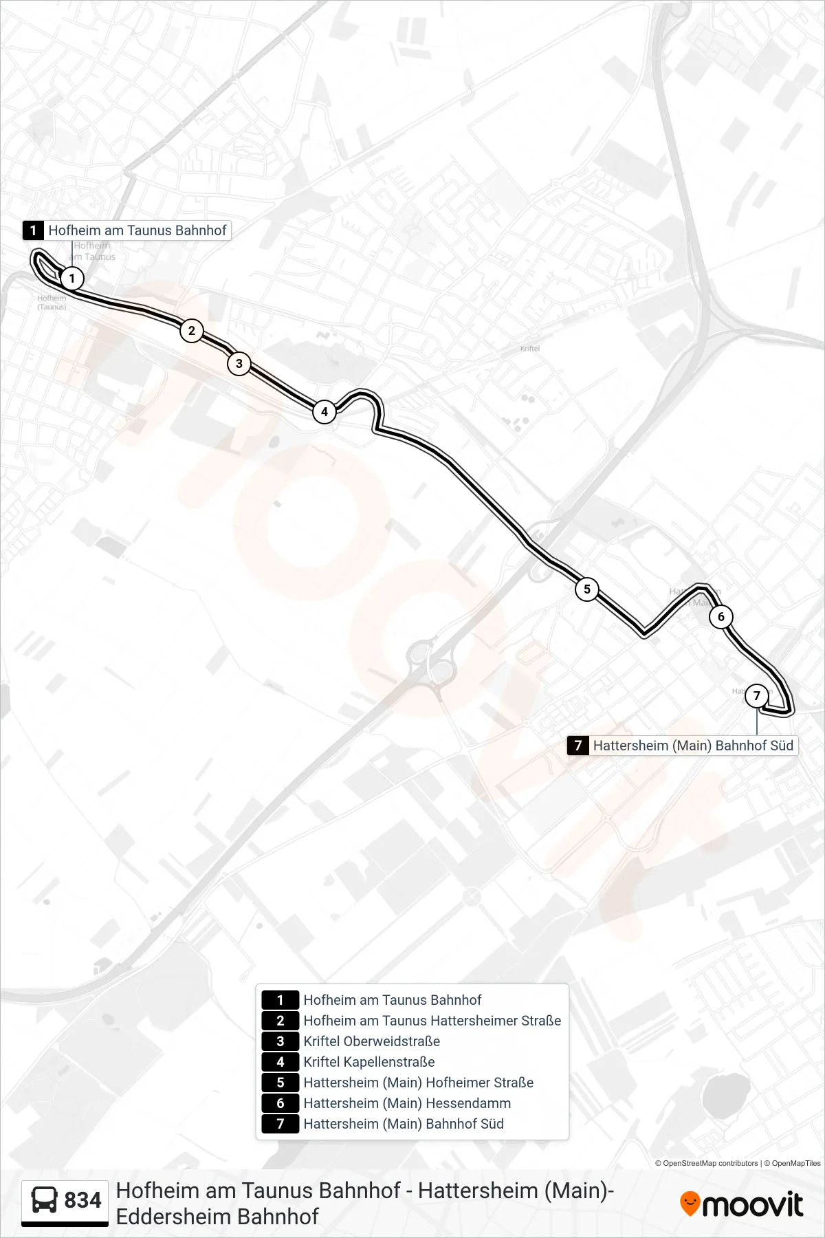 834 bus Line (Hattersheim (Main) Bahnhof Süd) route and stops on a map