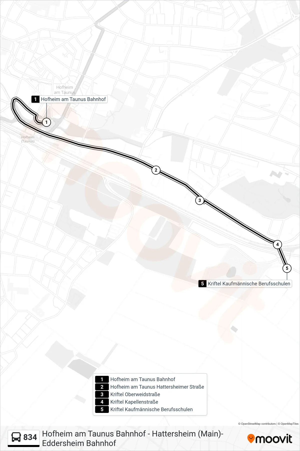 834 bus Line (Kriftel Kaufmännische Berufsschulen) route and stops on a map