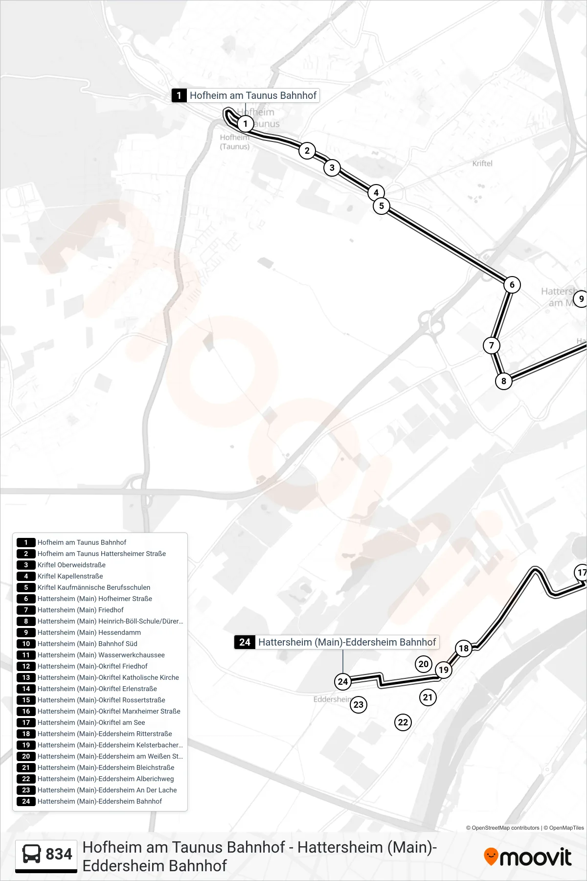 834 bus Line (Hattersheim (Main)-Eddersheim Bahnhof) route and stops on a map