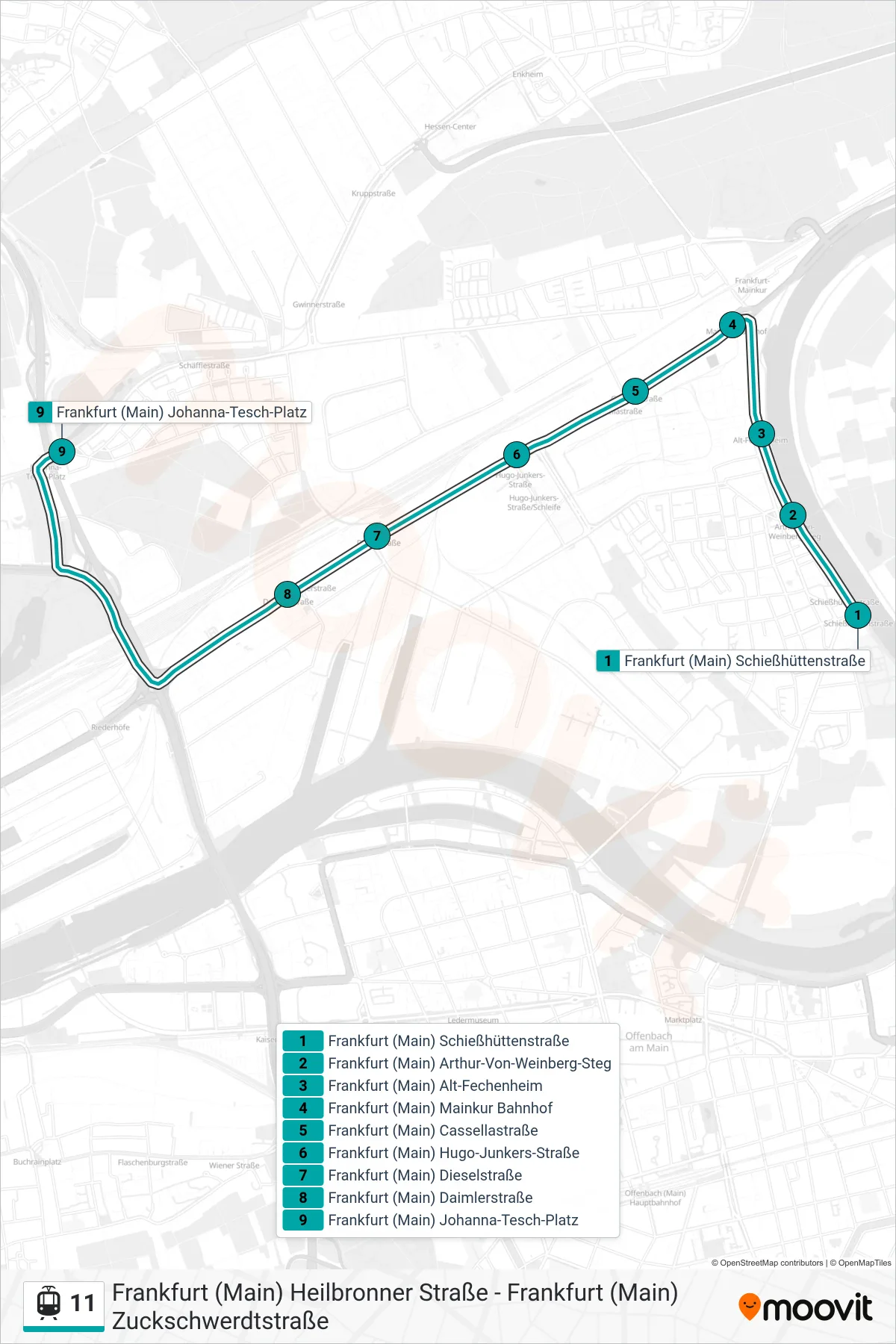 Linie 11 (Straßenbahn) Richtung Frankfurt (Main) Johanna-Tesch-Platz: Route und Haltestellen auf der Karte
