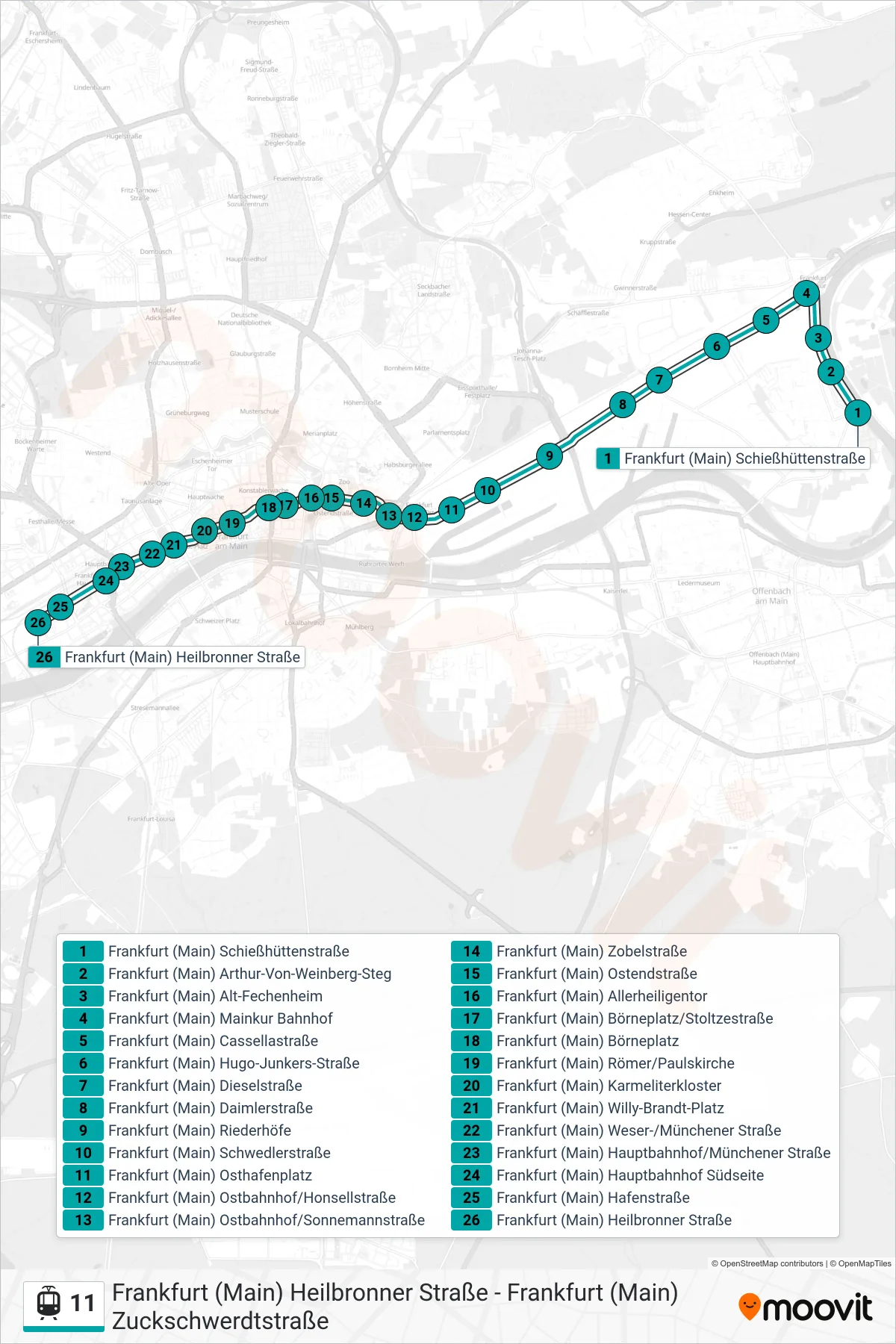 11 light rail Line (Frankfurt (Main) Heilbronner Straße) route and stops on a map