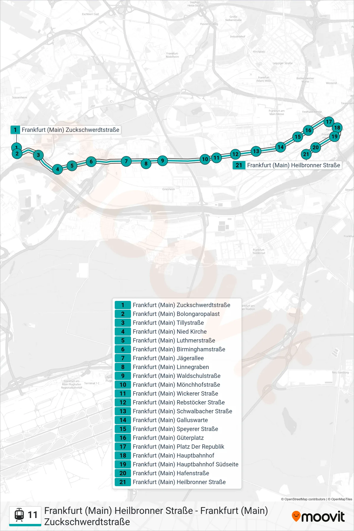 11 tram Line (Frankfurt (Main) Heilbronner Straße) route and stops on a map