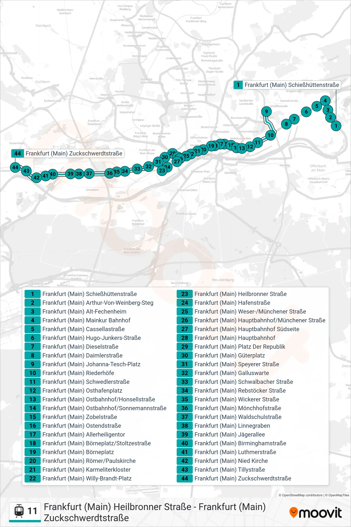 11 light rail Line (Frankfurt (Main) Zuckschwerdtstraße) route and stops on a map