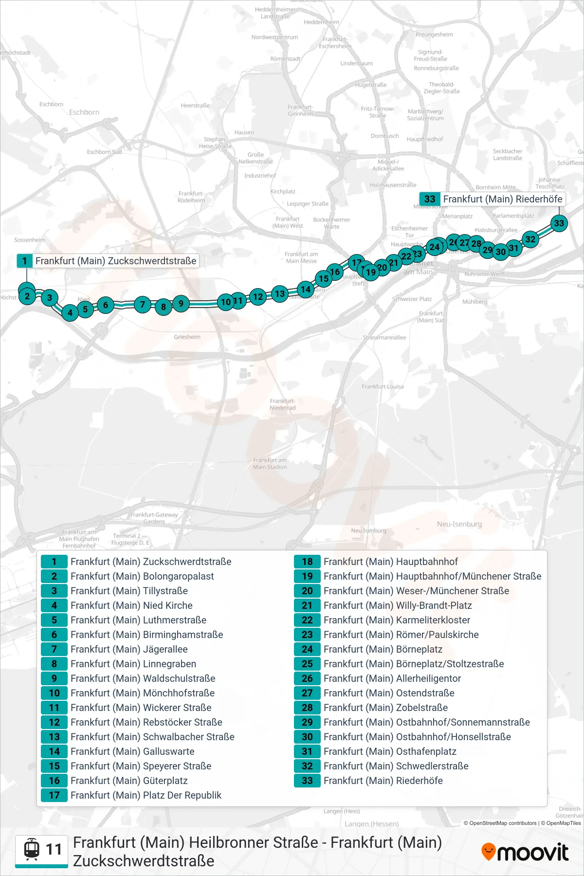 11 light rail Line (Frankfurt (Main) Riederhöfe) route and stops on a map