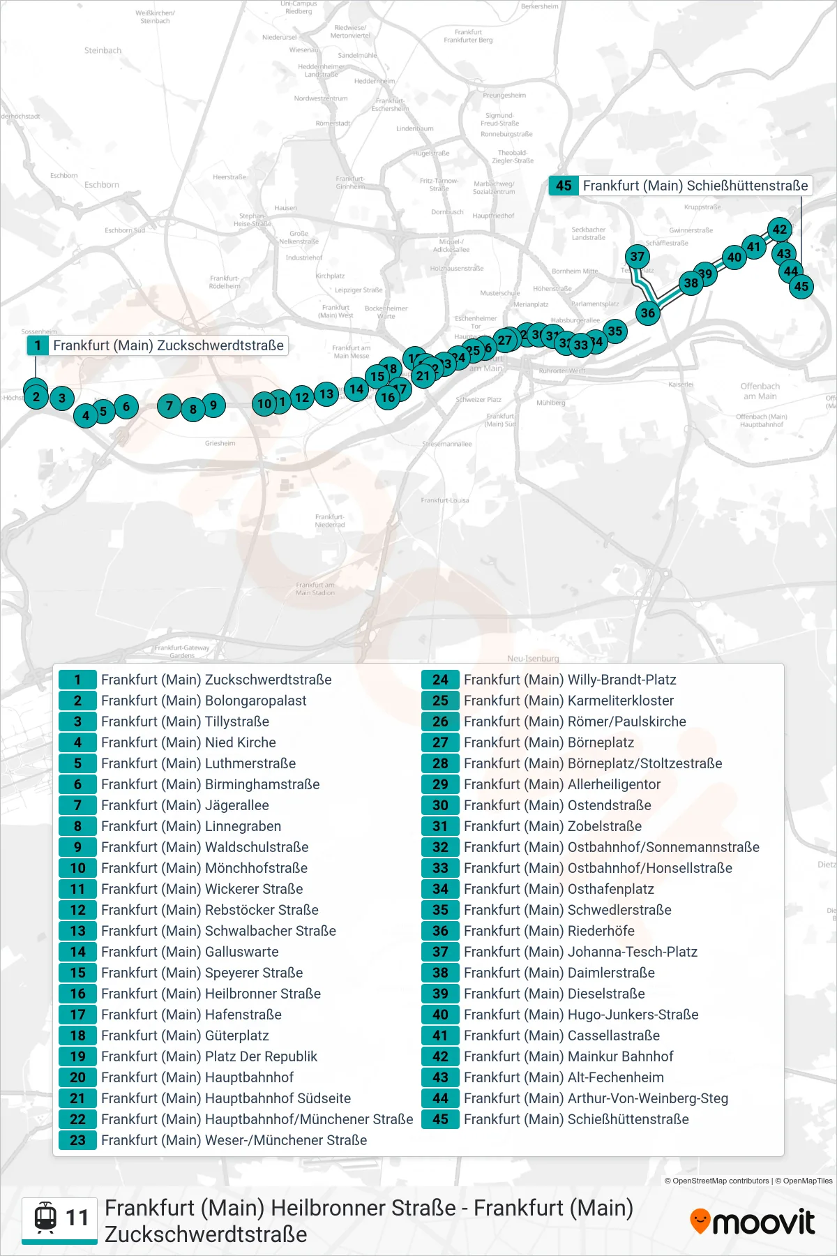 11 light rail Line (Frankfurt (Main) Schießhüttenstraße) route and stops on a map