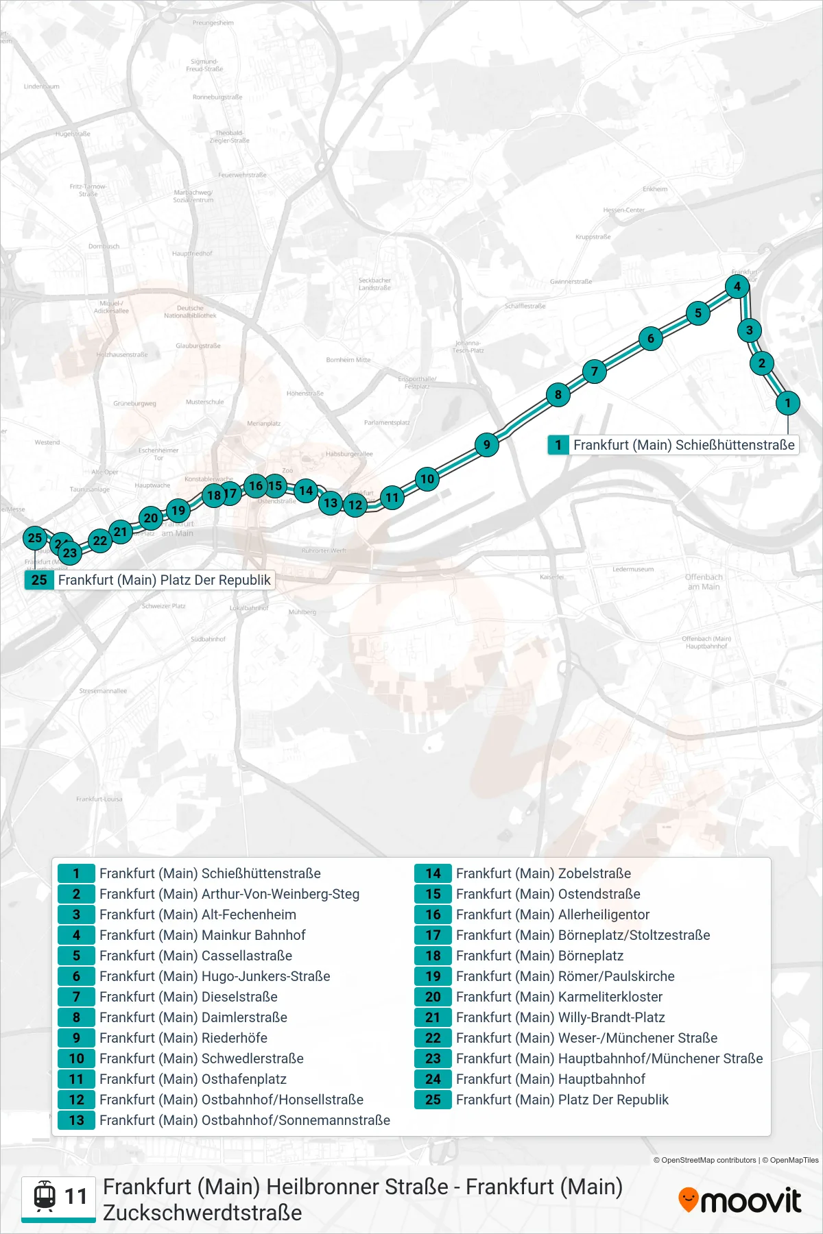 11 light rail Line (Frankfurt (Main) Platz Der Republik) route and stops on a map