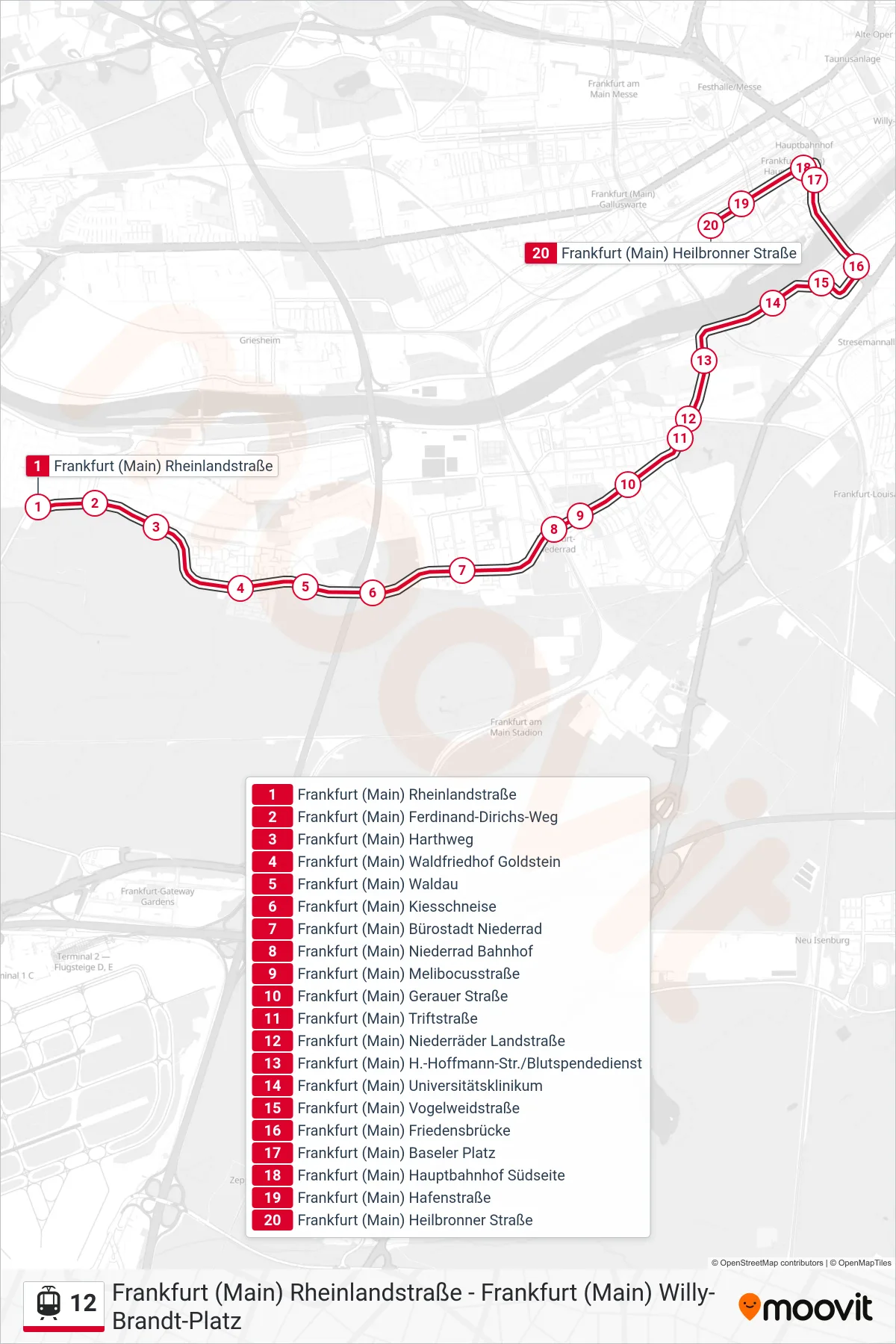 12 light rail Line (Frankfurt (Main) Heilbronner Straße) route and stops on a map