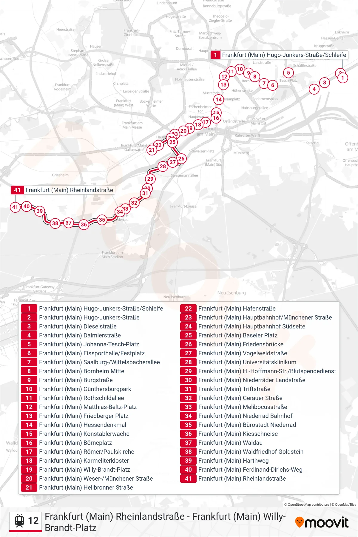 12 light rail Line (Frankfurt (Main) Rheinlandstraße) route and stops on a map
