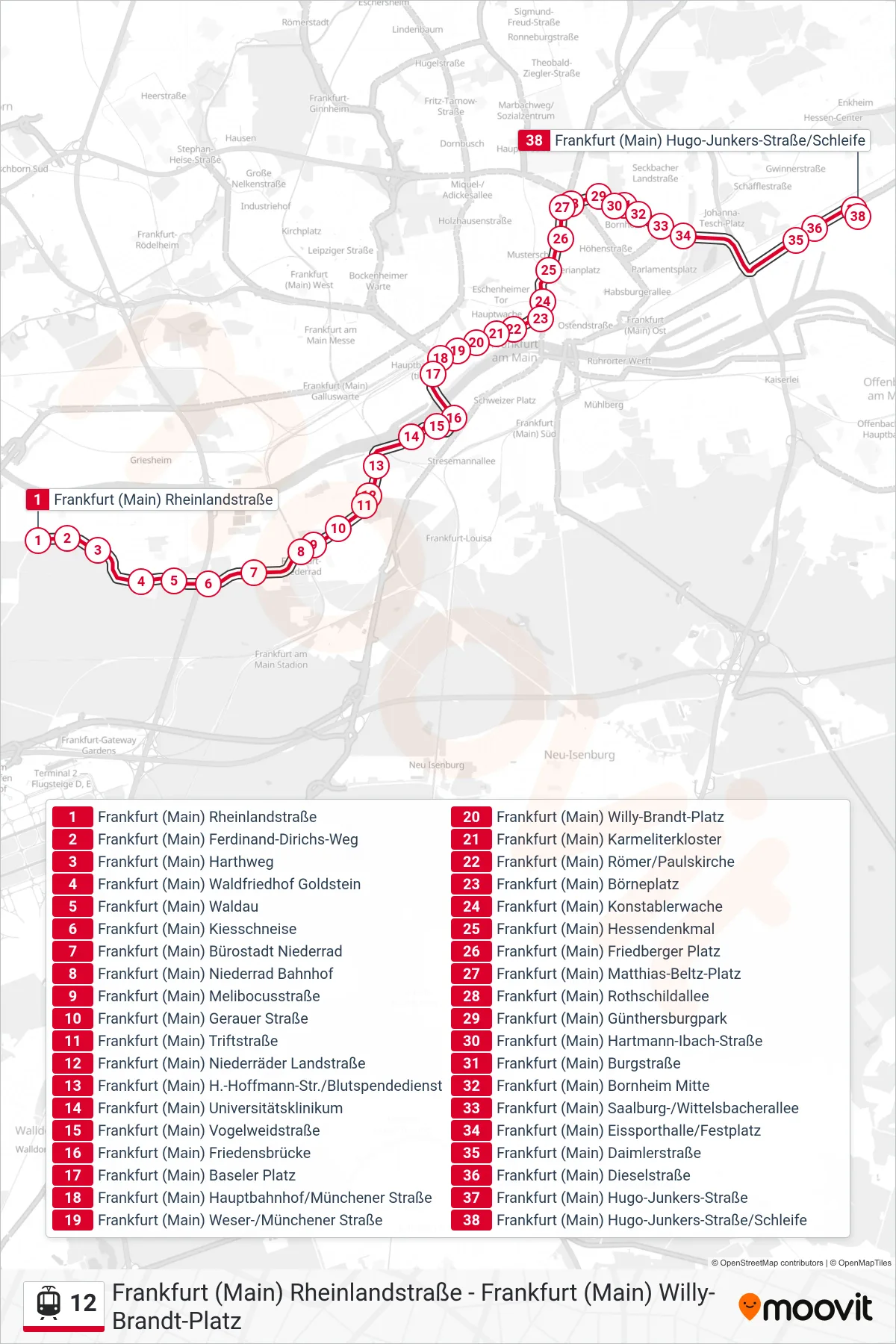 Linie 12 (Straßenbahn) Richtung Frankfurt (Main) Hugo-Junkers-Straße/Schleife: Route und Haltestellen auf der Karte