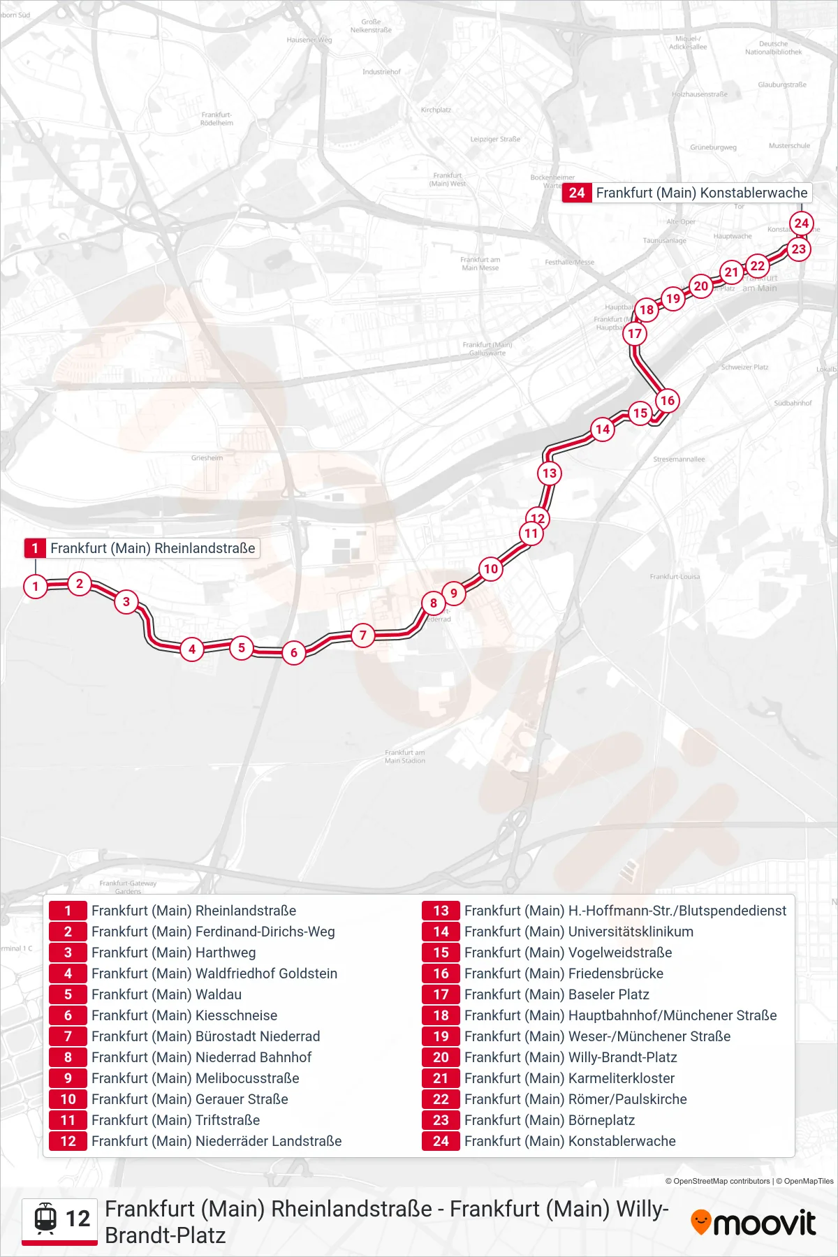 12 light rail Line (Frankfurt (Main) Konstablerwache) route and stops on a map