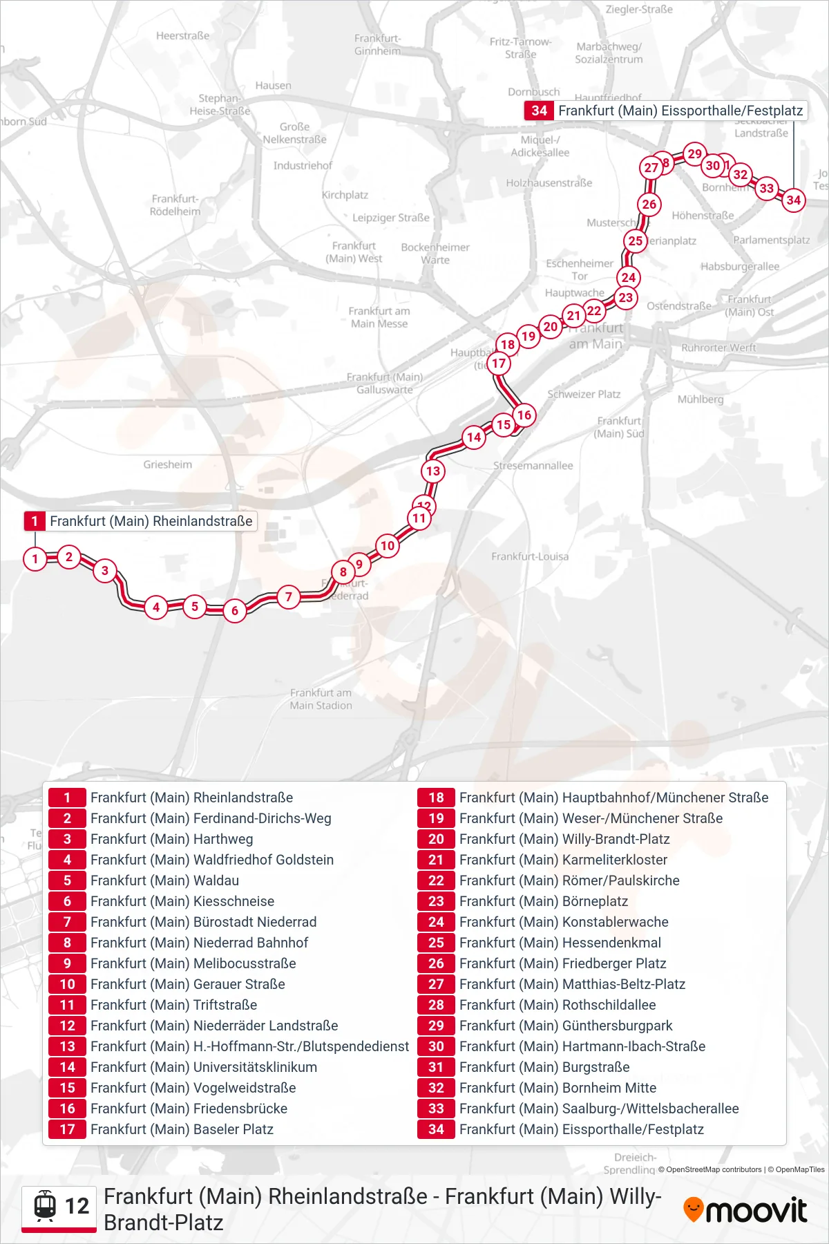 12 light rail Line (Frankfurt (Main) Eissporthalle/Festplatz) route and stops on a map