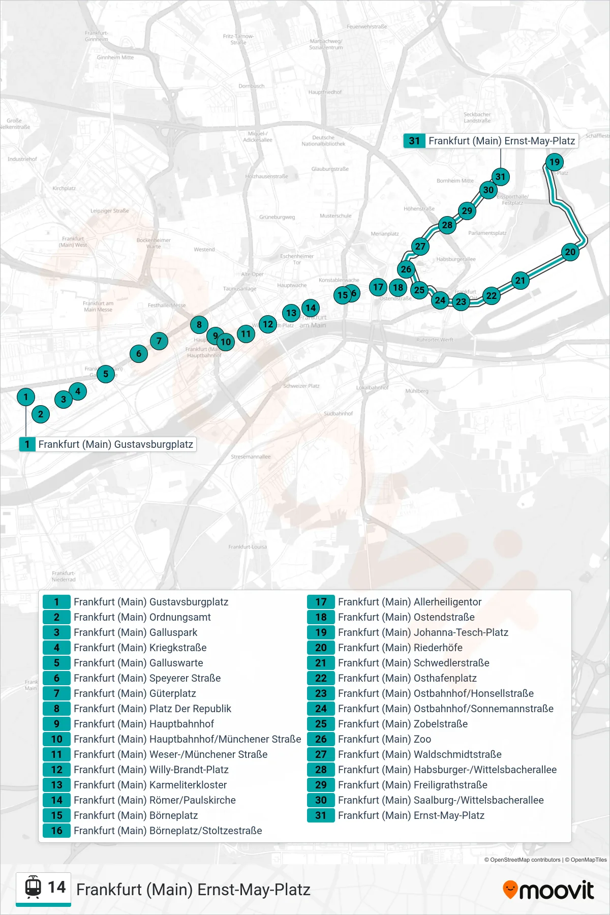 14 light rail Line (Frankfurt (Main) Ernst-May-Platz) route and stops on a map