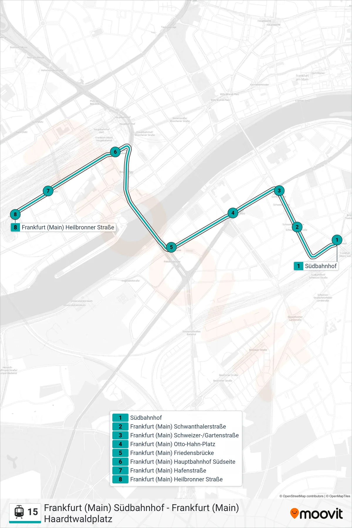 Linie 15 (Straßenbahn) Richtung Frankfurt (Main) Heilbronner Straße: Route und Haltestellen auf der Karte