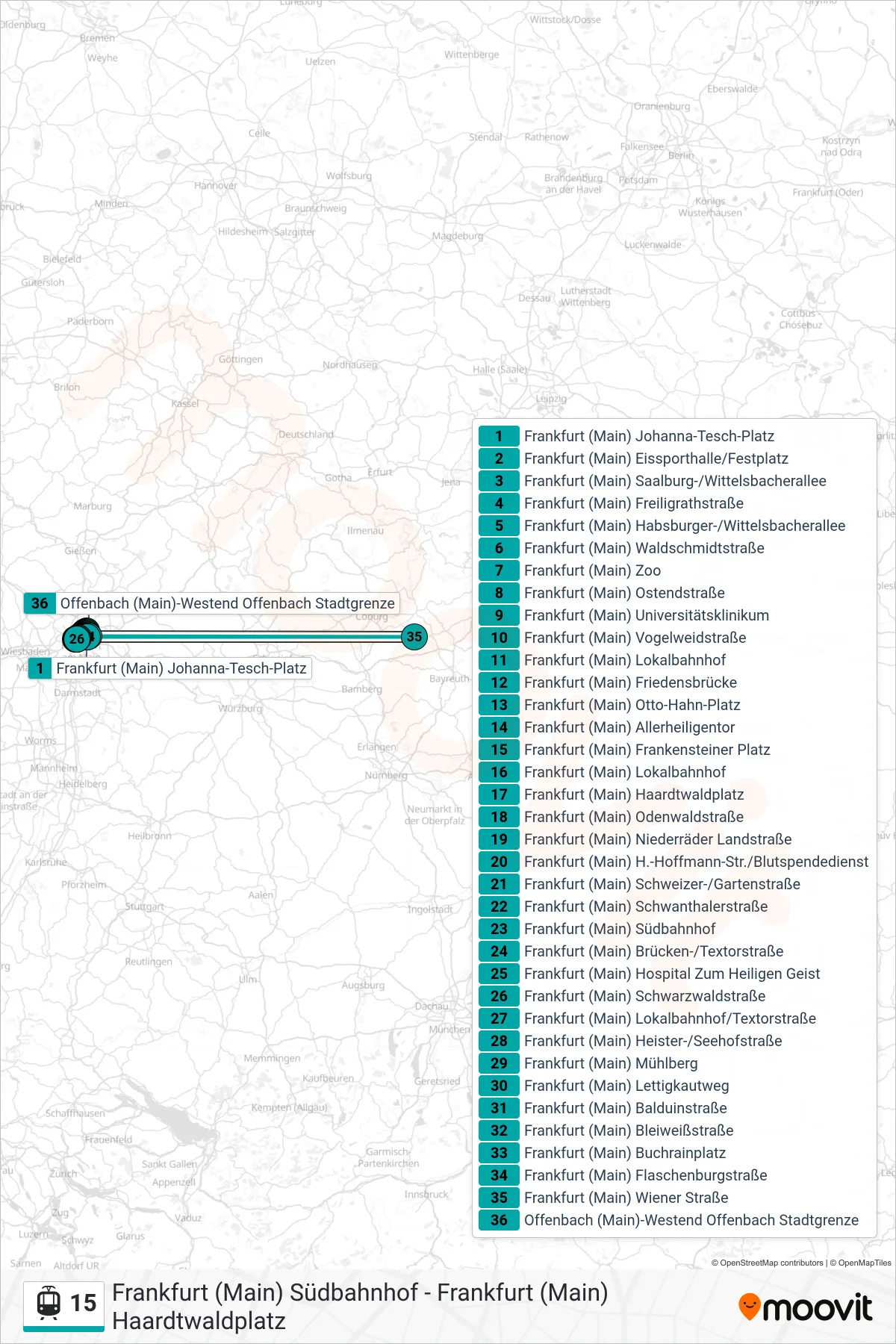 15 light rail Line (Offenbach (Main)-Westend Offenbach Stadtgrenze) route and stops on a map