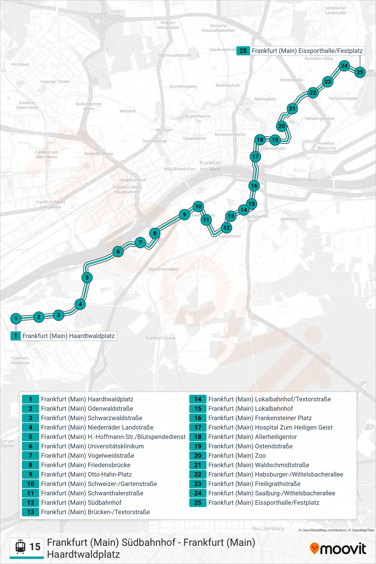 15 light rail Line (Frankfurt (Main) Eissporthalle/Festplatz) route and stops on a map