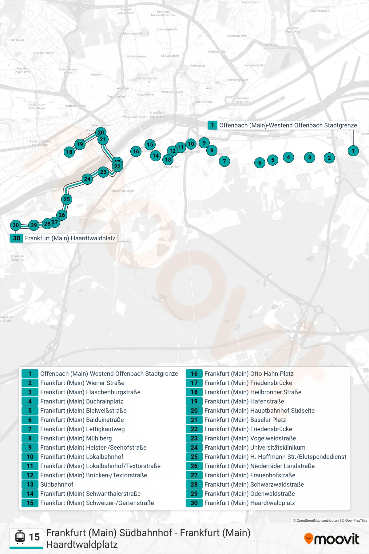 15 light rail Line (Frankfurt (Main) Haardtwaldplatz) route and stops on a map