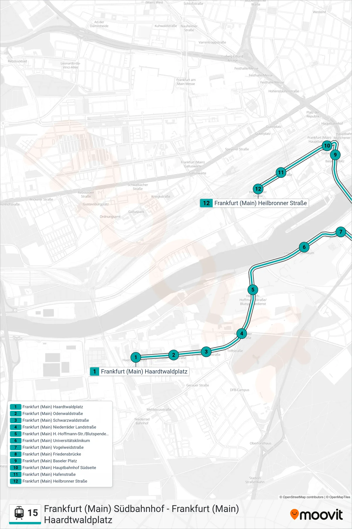15 light rail Line (Frankfurt (Main) Heilbronner Straße) route and stops on a map