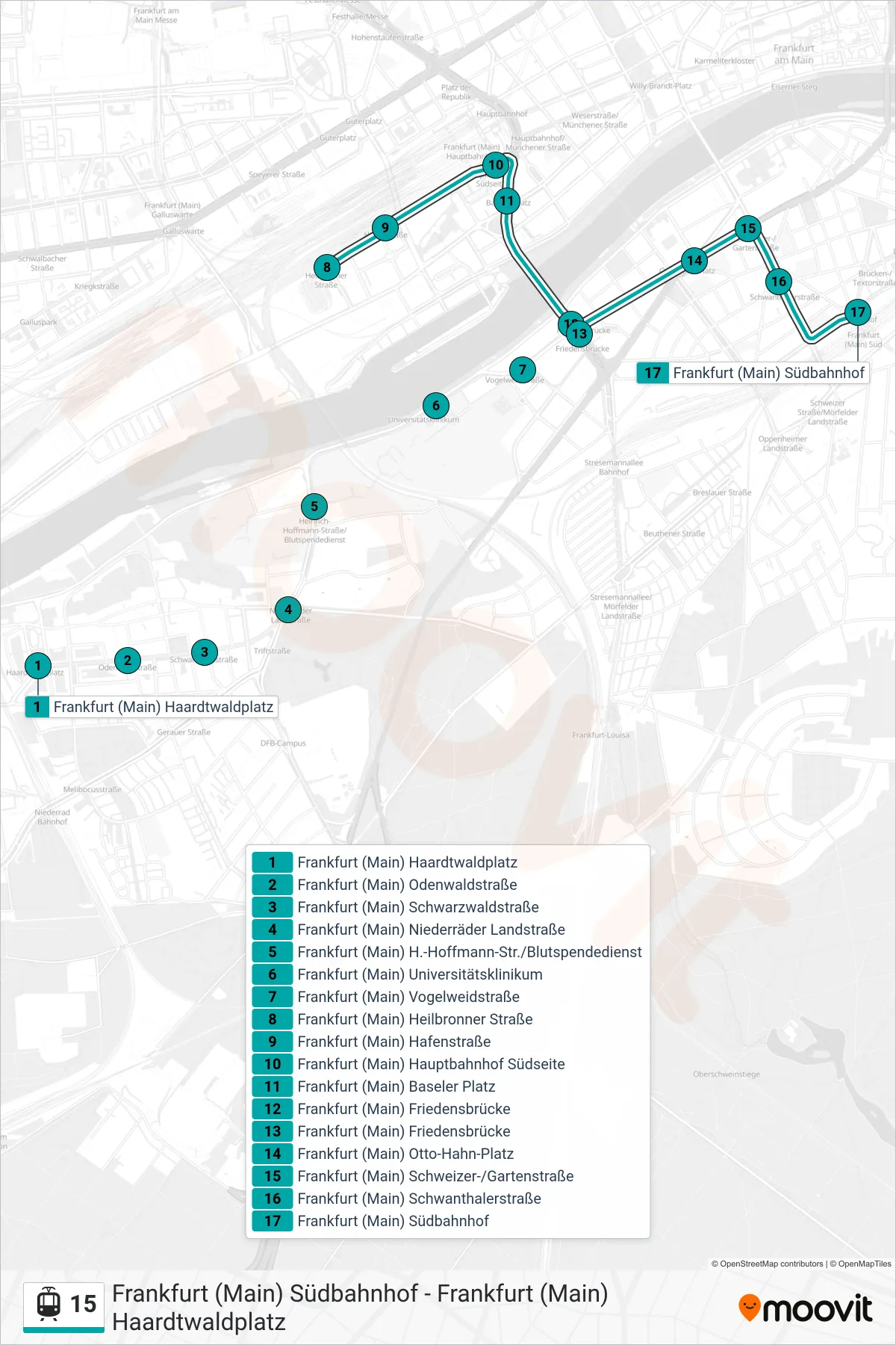 15 light rail Line (Frankfurt (Main) Südbahnhof) route and stops on a map