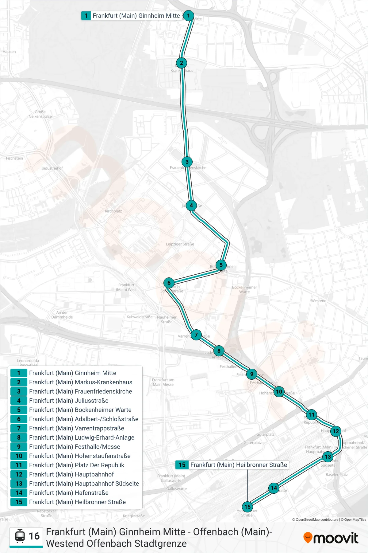 16 light rail Line (Frankfurt (Main) Heilbronner Straße) route and stops on a map