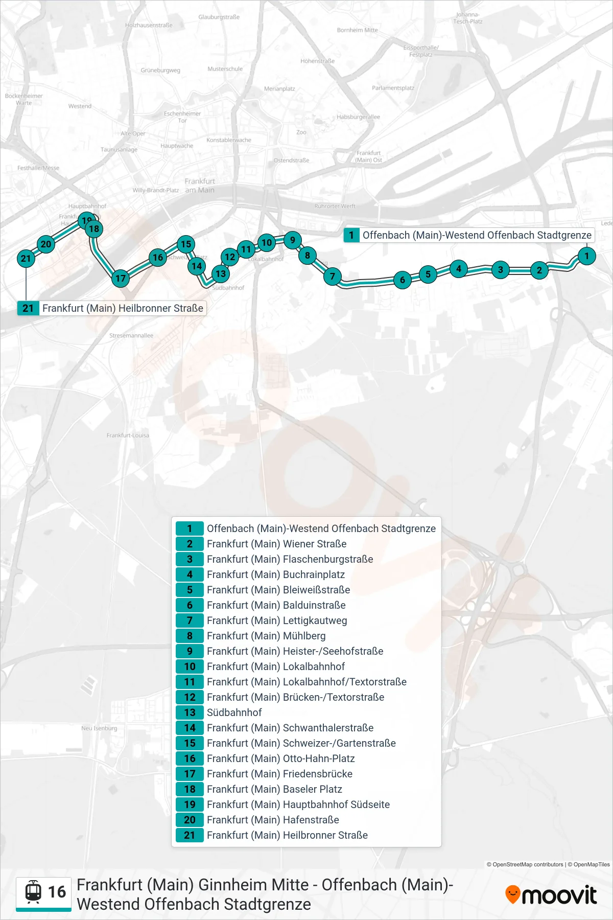 Linie 16 (Tram) Richtung Frankfurt (Main) Heilbronner Straße: Route und Haltestellen auf der Karte