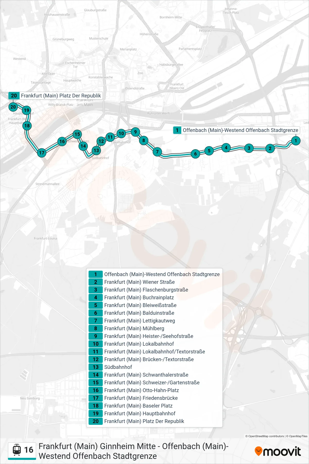 16 light rail Line (Frankfurt (Main) Platz Der Republik) route and stops on a map