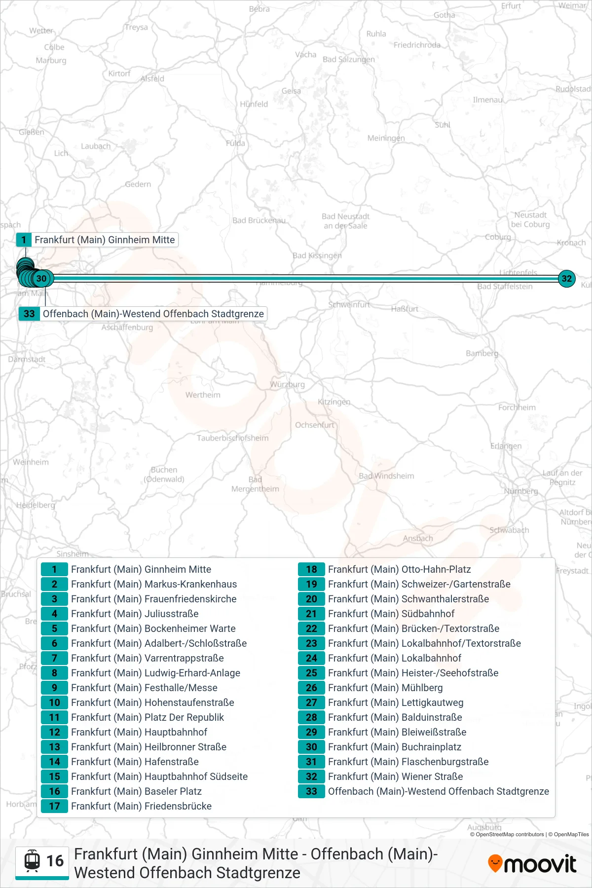 16 light rail Line (Offenbach (Main)-Westend Offenbach Stadtgrenze) route and stops on a map
