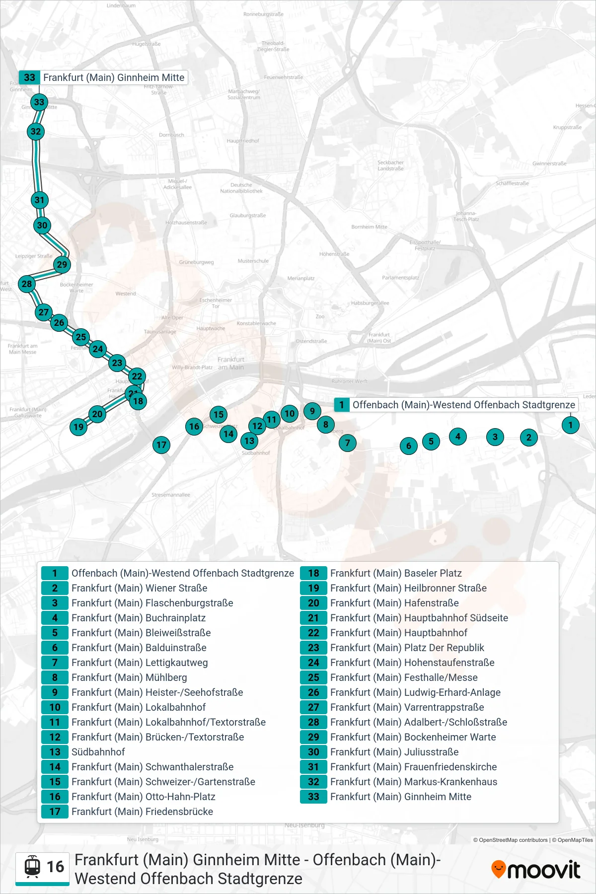 16 light rail Line (Frankfurt (Main) Ginnheim Mitte) route and stops on a map