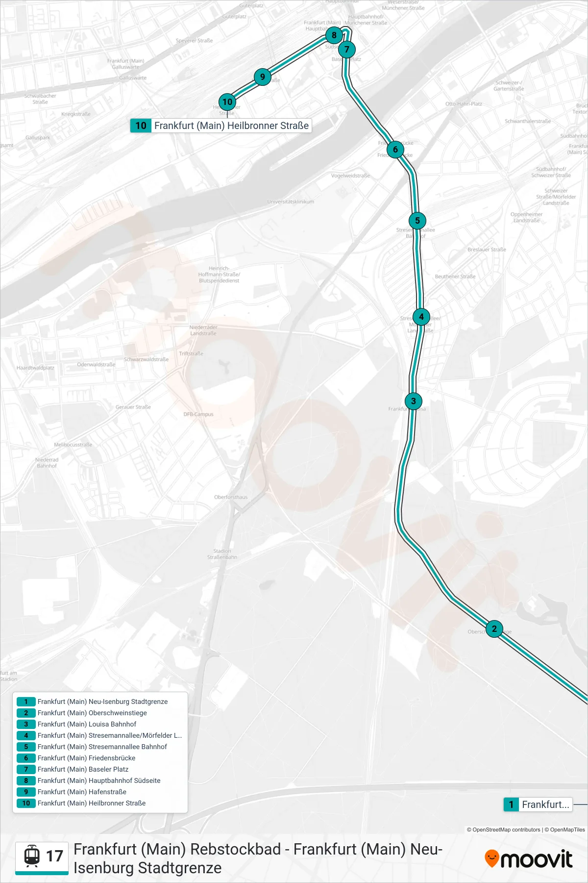 17 light rail Line (Frankfurt (Main) Heilbronner Straße) route and stops on a map