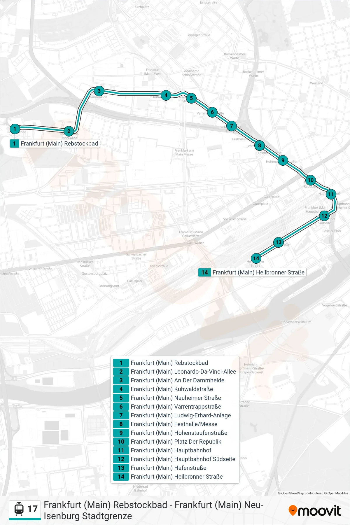 17 light rail Line (Frankfurt (Main) Heilbronner Straße) route and stops on a map
