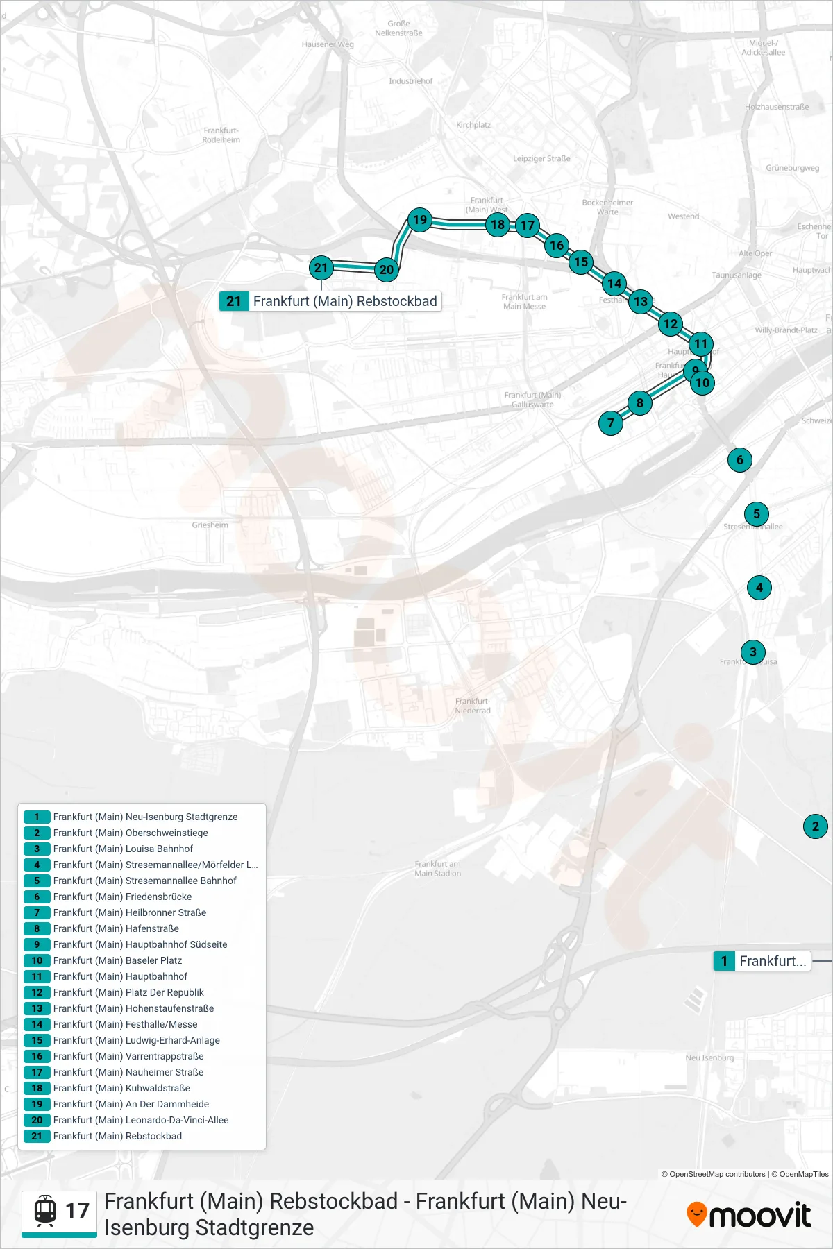 17 light rail Line (Frankfurt (Main) Rebstockbad) route and stops on a map