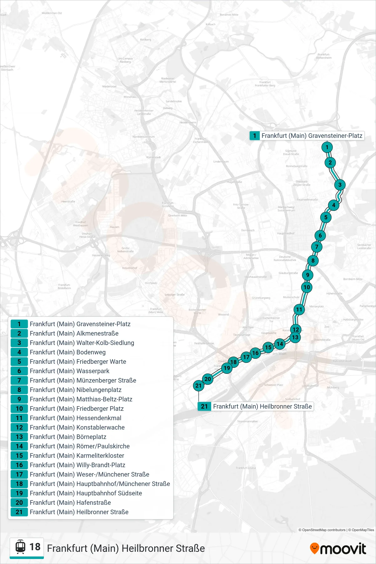 Linie 18 (Straßenbahn) Richtung Frankfurt (Main) Heilbronner Straße: Route und Haltestellen auf der Karte